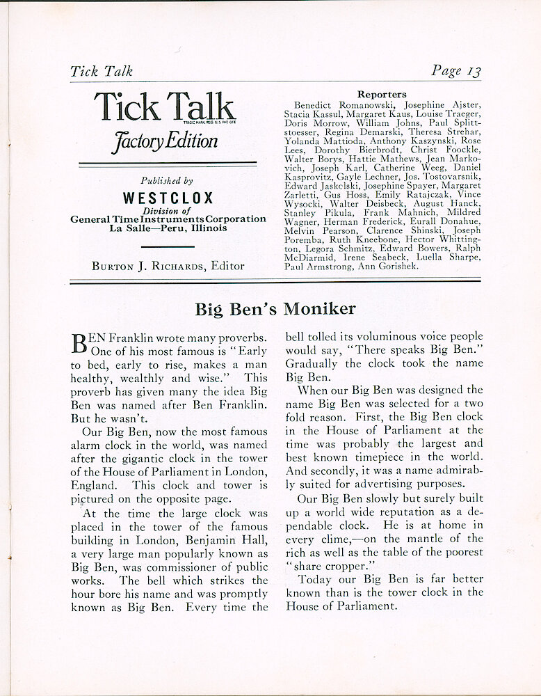 Westclox Tick Talk, August 1939 (Factory edition), Vol. 24 No. 8 > 13. Historical Article: "Big Ben&039;s Moniker" Refers To The Picture Of Big Ben, London On Page 12. How Our Big Ben Alarm Was Named.