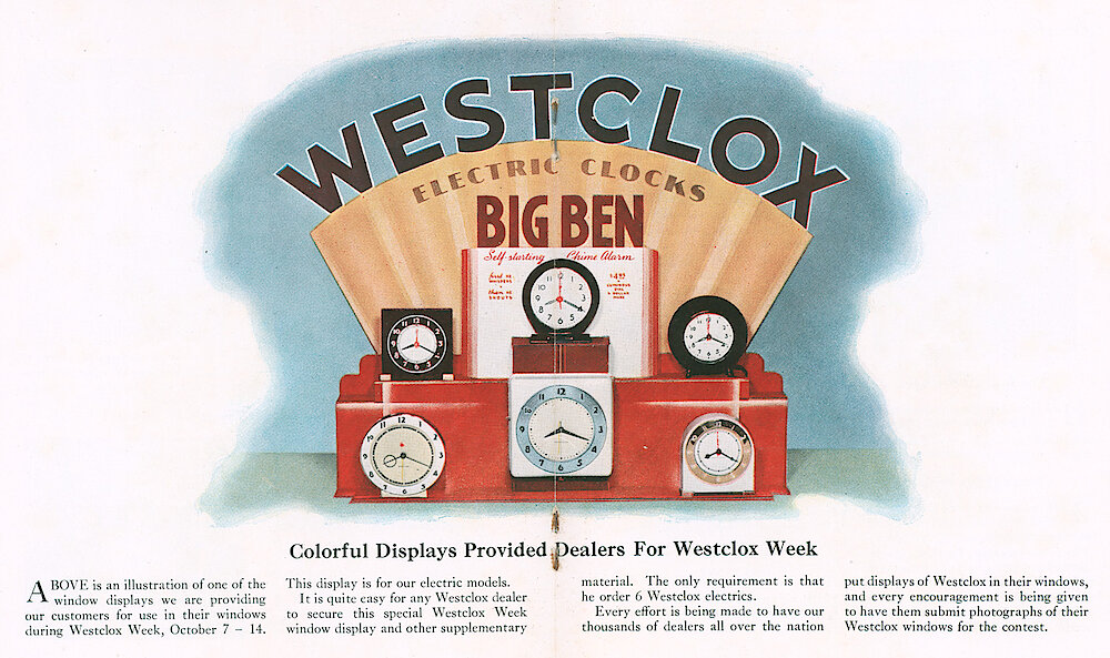 Westclox Tick Talk, August 1939 (Factory edition), Vol. 24 No. 8 > 16-17. Marketing: Picture: "Window Displays Provided For Westclox Week"