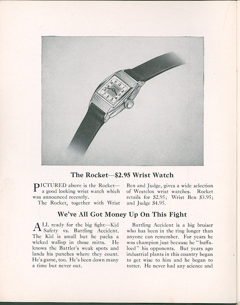 Westclox Tick Talk, October 1939 (Factory Edition), Vol. 24 No. 10 > 4. New Model: Rocket Wrist Watch, $2.95. (Also Mentions Judge For $4.95 And Wrist Ben For $3.95.