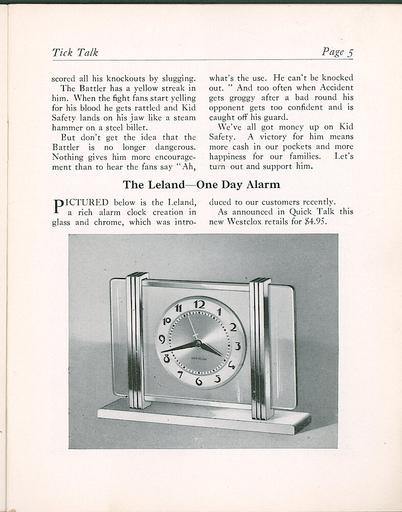 Westclox Tick Talk, October 1939 (Factory Edition), Vol. 24 No. 10 > 5. New Model: Leland One Day Alarm, Round Dial In Glass And Chrome Case. "As Announced In Quick Talk, This New Westclox Retails For $4.95."