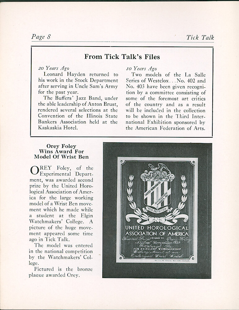 Westclox Tick Talk, October 1939 (Factory Edition), Vol. 24 No. 10 > 8. Personnel: "Orey Foley Wins Award For Model Of Wrist Ben" Large Working Model Made While He Was A Student At Elgin Watchmakers&039; College.