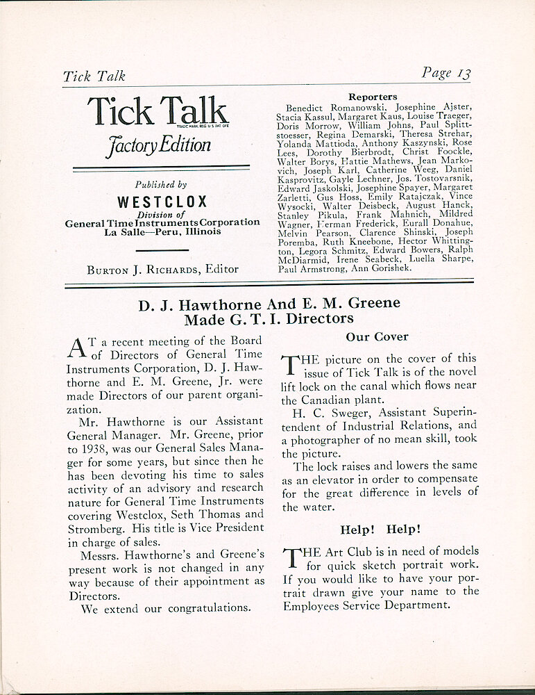 Westclox Tick Talk, October 1939 (Factory Edition), Vol. 24 No. 10 > 13. Cover Caption: The Lift Lock On The Canal Neat The Canadian Westclox Plant, By H. C. Sweger.