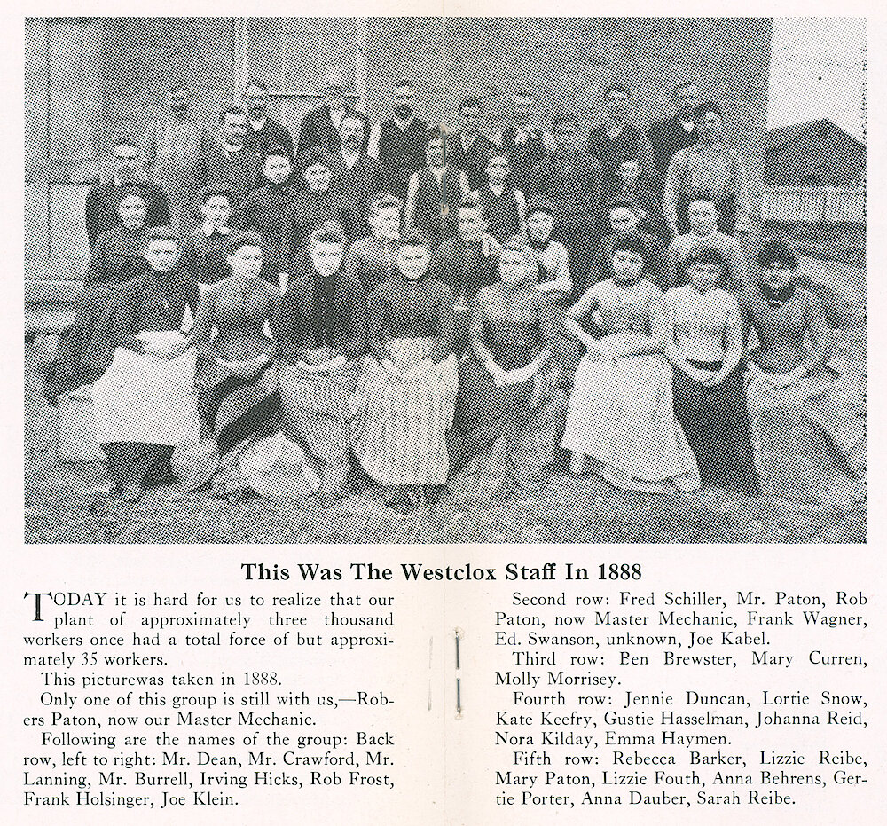 Westclox Tick Talk, October 1939 (Factory Edition), Vol. 24 No. 10 > 14-15. Historical Picture: "This Was The Westclox Staff In 1888" Approximately 35 Workers. Only One Is Still With Us, Robert Paton, Our Master Mechanic. Gives Names.