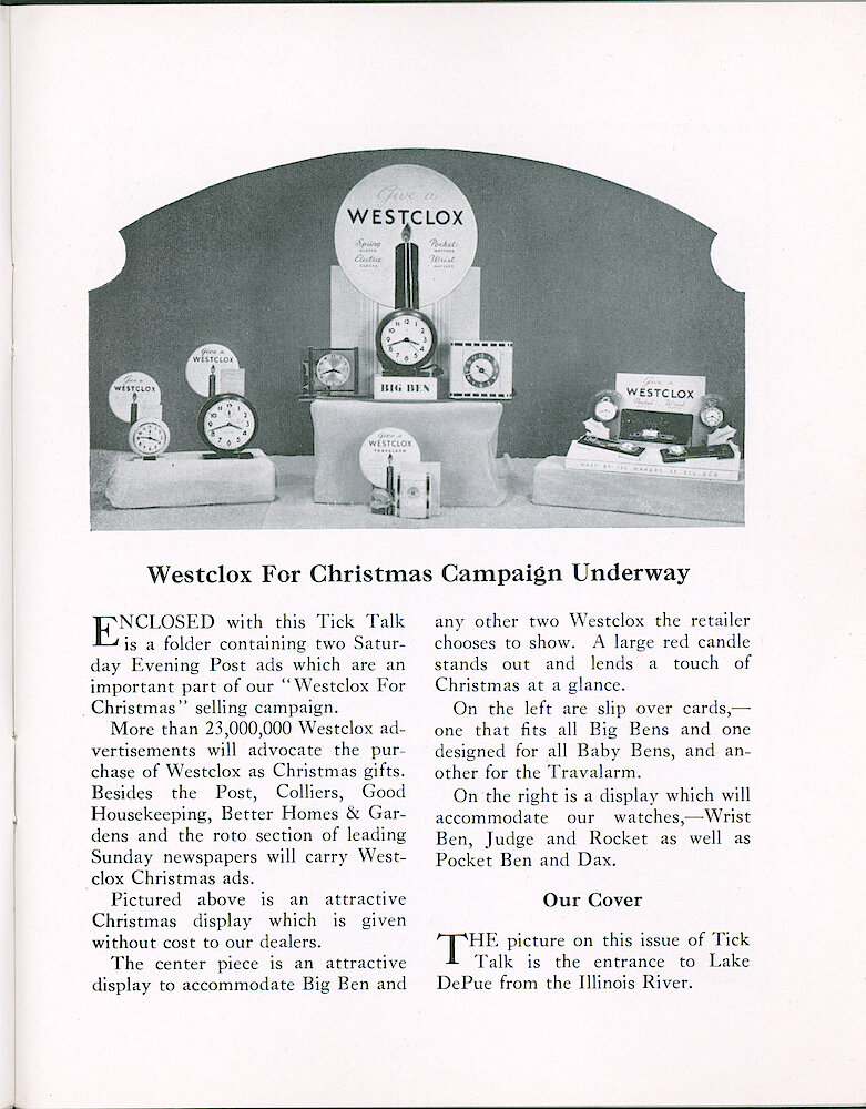 Westclox Tick Talk, November 1939 (Factory Edition), Vol. 24 No. 11 > 7. MARKETING: "Westclox For Christmas Campaign Underway" Two Saturday Evening Post Ads Were Included With This Issue. More Than 23,000,000 Westclox Ads Will Appear. Christmas Displays Illustrated. COVER CAPTION: Entrance To Lake DePue From The Illinois River.