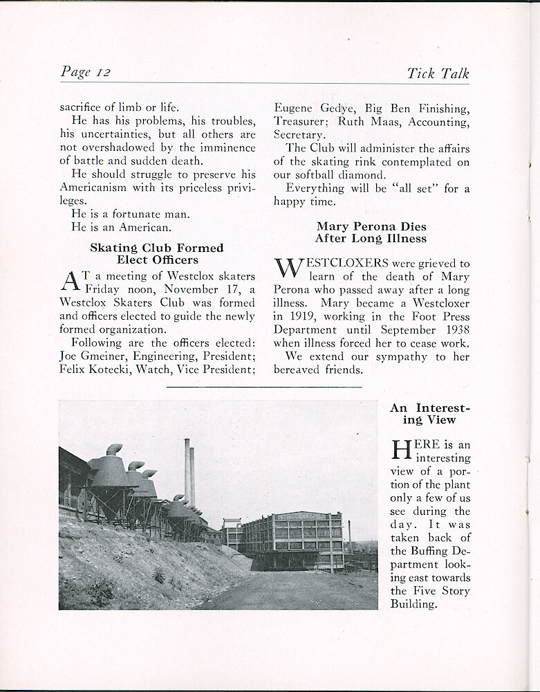 Westclox Tick Talk, November 1939 (Factory Edition), Vol. 24 No. 11 > 12. Picture: "An Interesting View" Taken In Back Of The Buffing Department Looking East At The Five Story Building.