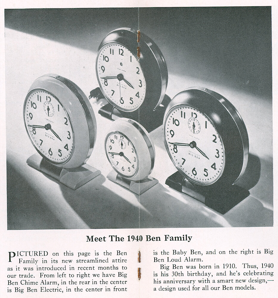 Westclox Tick Talk, March 3, 1940 (Factory Edition), Vol. 25 No. 1 > 16-17. Picture: Current Models: "Meet The 1940 Ben Family"