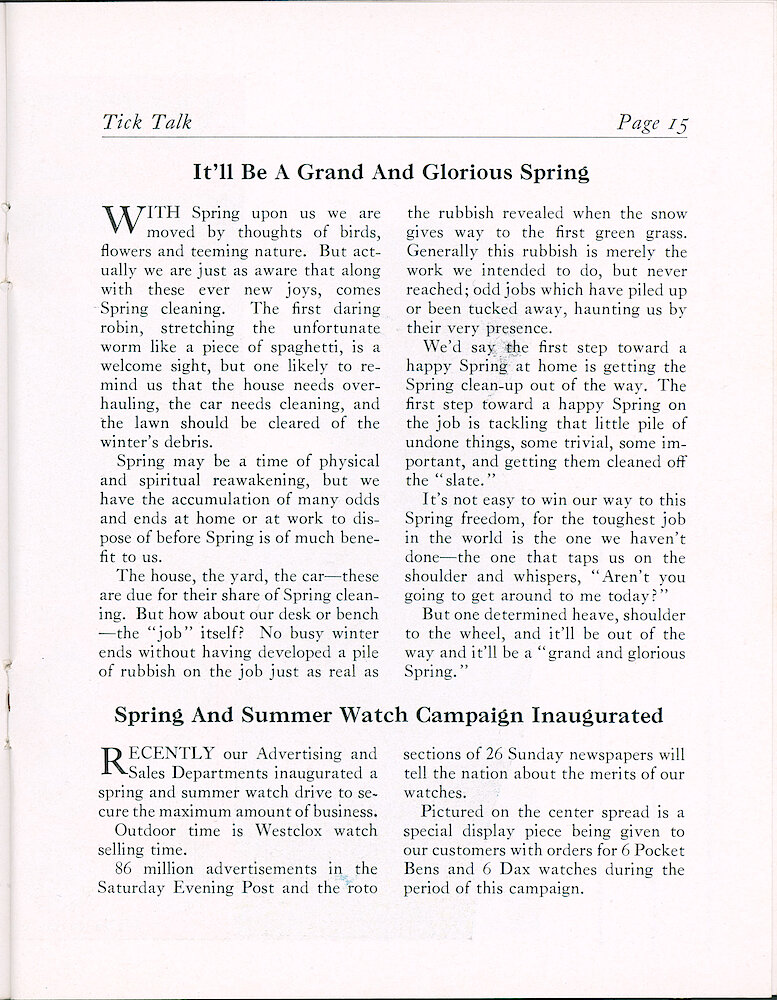 Westclox Tick Talk, April 1940 (Factory Edition), Vol. 25 No. 2 > 15. Marketing: "Spring And Summer Watch Campaign Inaugurated" 86 Million Ads To Be Shown In Magazines And Newspapers. Pages 16 - 17 Show A Special Display Piece Given To Customers With Orders Of Six Pocket Ben And Six Dax Watches.