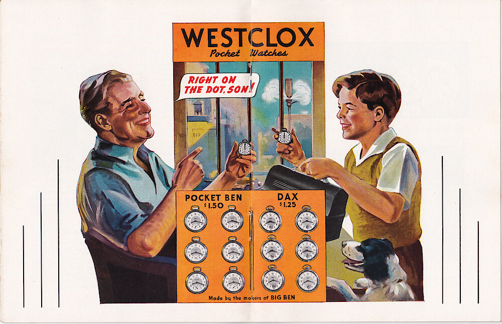 Westclox Tick Talk, April 1940 (Factory Edition), Vol. 25 No. 2 > 16-17. Marketing: Special Display Piece Given To Customers With Orders Of Six Pocket Ben And Six Dax Watches. Caption On Page 15.