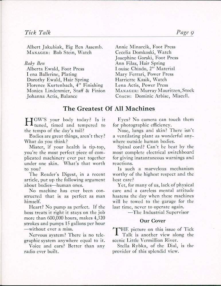 Westclox Tick talk, May 1940 (Factory Edition), Vol. 25 No. 3 > 9. Cover Caption: View Along The Scenic Little Vermillion River By Stella Rybka.