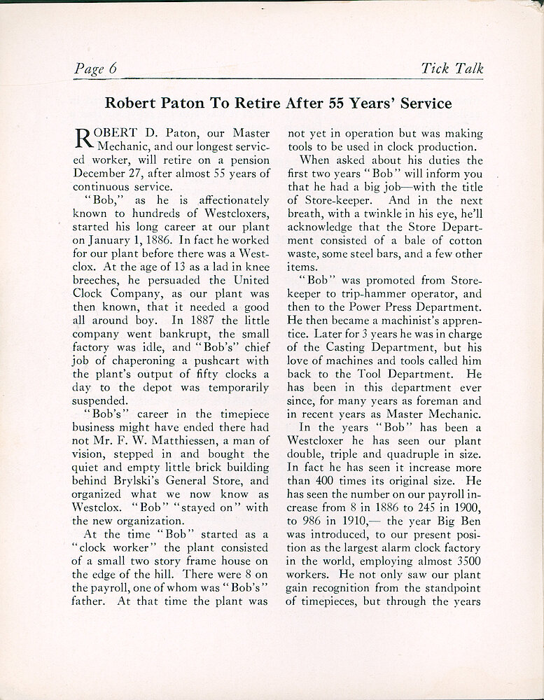 Westclox Tick Talk, December 1940 (Factory Edition), Vol. 25 No. 8 > 6. Personnel: "Robert Patton To Retire After 55 Years&039; Service" Started At Age 13. Give Summary Of Westclox Growth.
