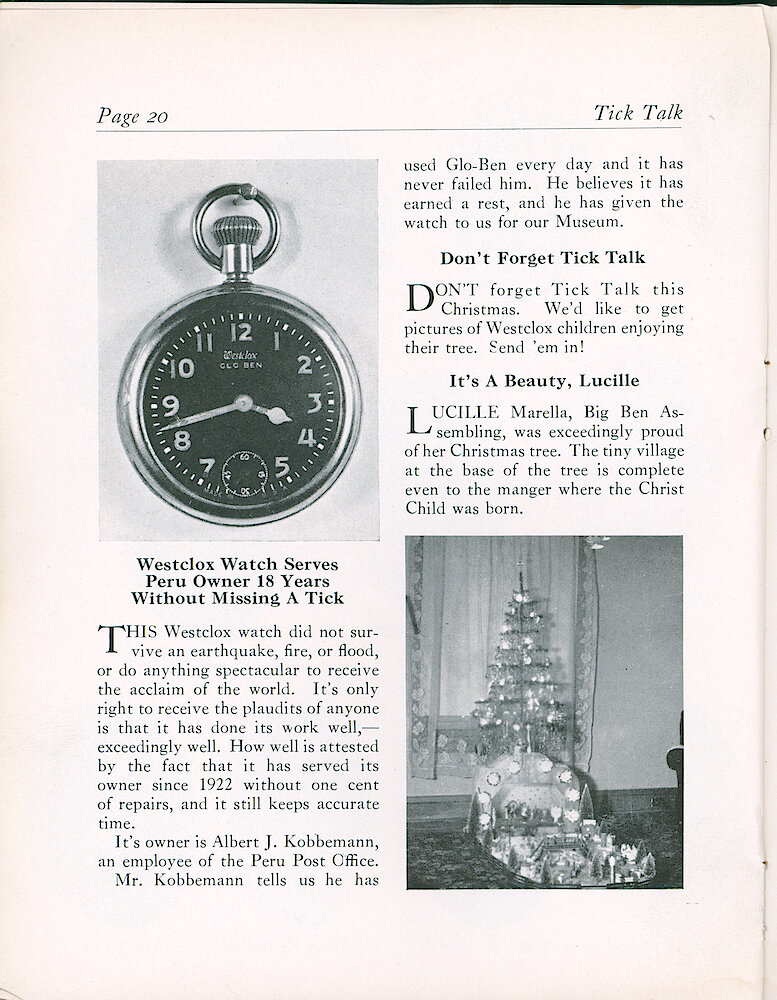 Westclox Tick Talk, December 1940 (Factory Edition), Vol. 25 No. 8 > 20. Historical Article: Photo: A Glo Ben That Served Its Owner For 18 Years. Watch Given To The Westclox Museum.