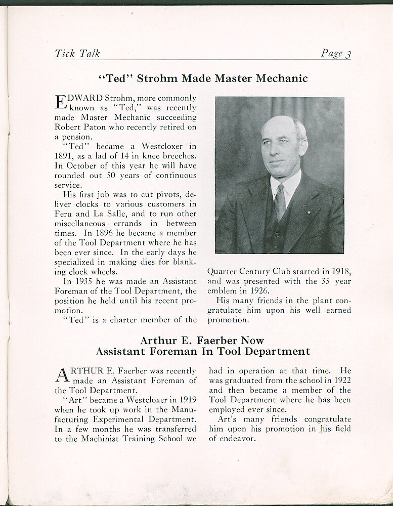 Westclox Tick Talk, January 1941 (Factory Edition), Vol. 26 No. 1 > 3. Personnel: "Ted" Strohm Made Master Mechanic (replacing Robert Paton, Who Retired). Ted Joined Westclox In 1891.
