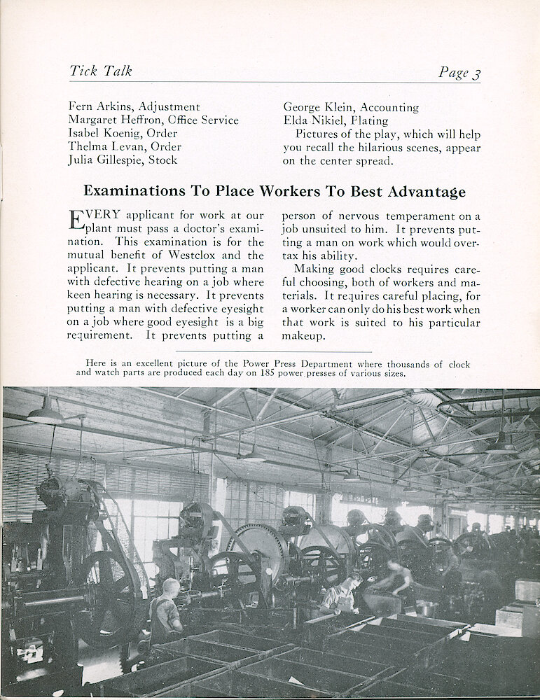 Westclox Tick Talk, February 1941 (Factory Edition), Vol. 26 No. 2 > 3. Factory: Power Press Department, Where There Are 185 Presses Of Various Sizes.
