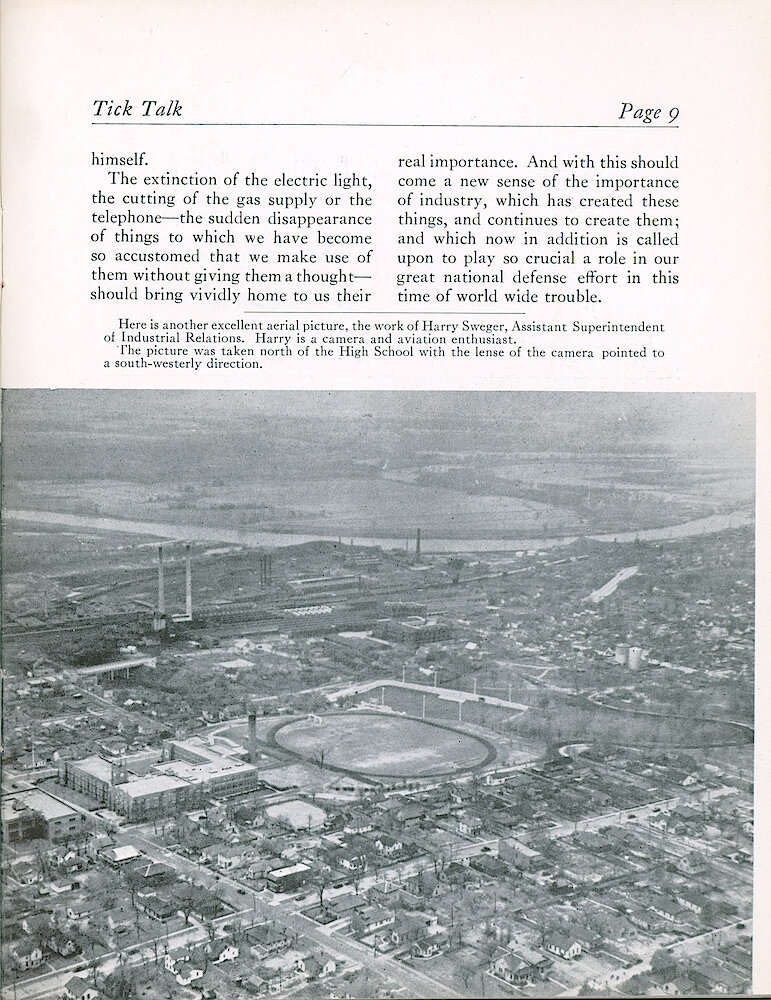 Westclox Tick Talk, February 1941 (Factory Edition), Vol. 26 No. 2 > 9. Factory: Aerial View Of The Factory From North Of The High School Facing Southwest. By Harry Sweger.