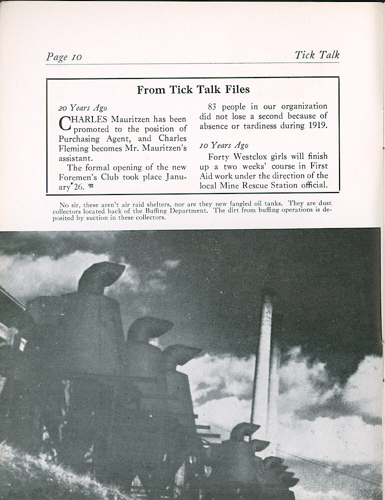 Westclox Tick Talk, February 1941 (Factory Edition), Vol. 26 No. 2 > 10. Factory: View In Back Of Buffing Department, Showing The Dust Collectors.