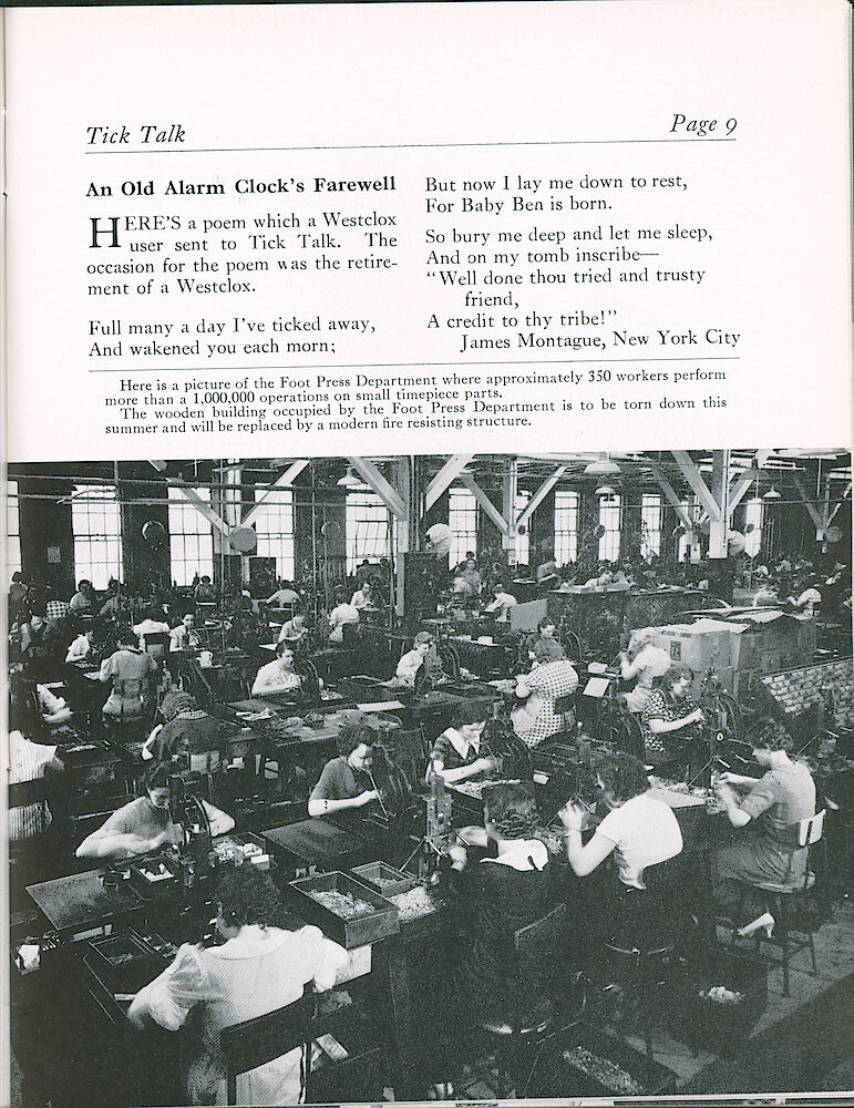 Westclox Tick Talk, March 1941 (Factory Edition), Vol. 26 No. 3 > 9. Factory: Foot Press Department Where About 350 Workers Perform More Than 1 Million Operations On Small Clock Parts. This Wooden Building Will Be Torn Down This Summer And Replaced By A Modern Fire Resisting Structure.