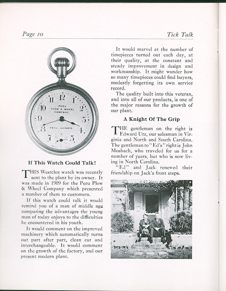 Westclox Tick Talk, March 1941 (Factory Edition), Vol. 26 No. 3 > 10. Historical Picture: Pocket Watch Made In 1909 For Peru Plow & Wheel Company.