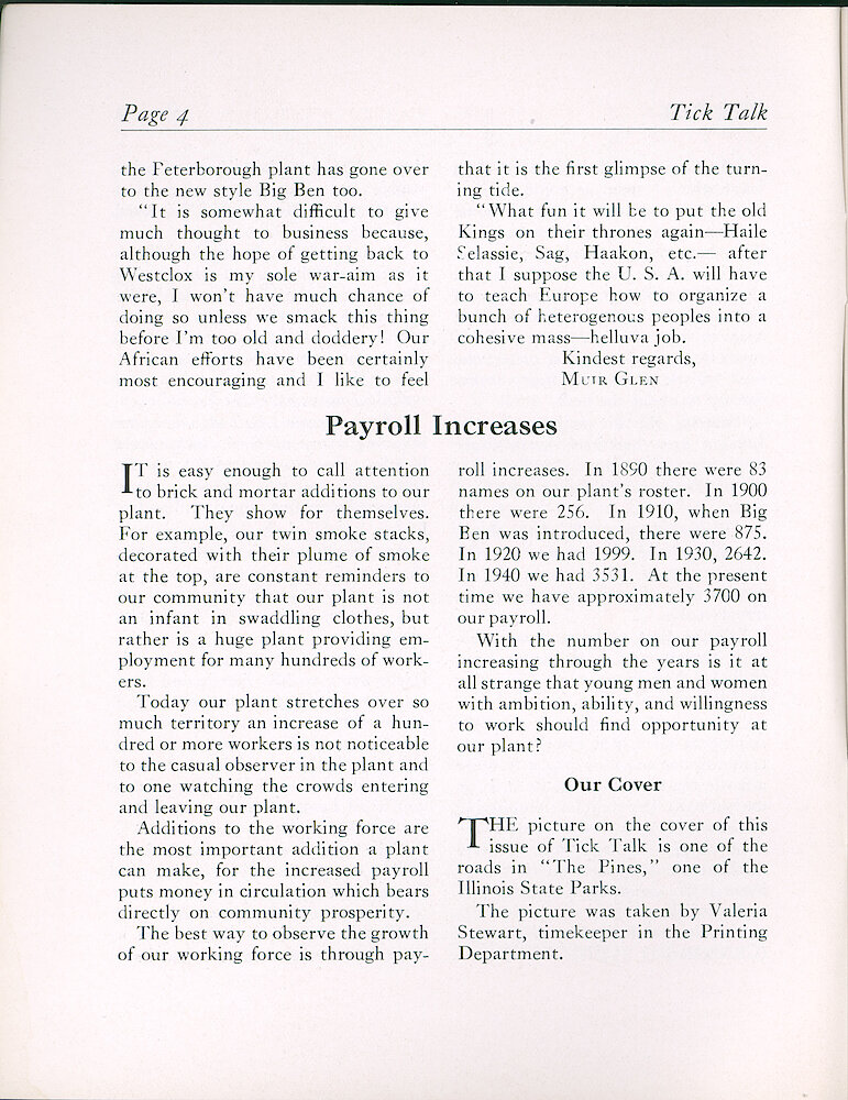 Westclox Tick Talk, April 1941 (Factory Edition), Vol. 26 No. 4 > 4. Cover Caption: One Of The Roads In The Pines, An Illinois State Park. By Valeria Stewart.