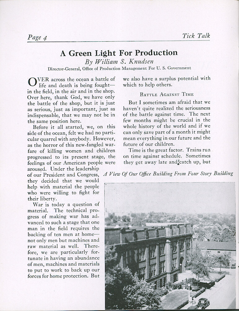 Westclox Tick Talk, June 1941 (Factory Edition), Vol. 26 No. 5 > 4. Picture: "A View Of Our Office Building From Four Story Building"