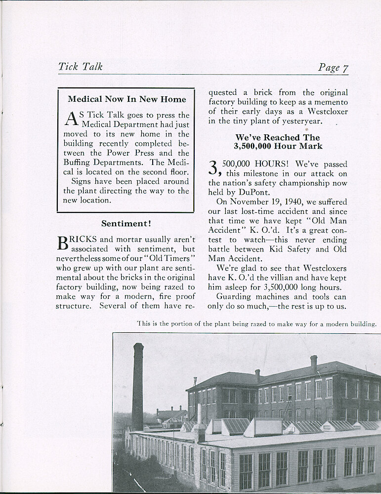 Westclox Tick Talk, June 1941 (Factory Edition), Vol. 26 No. 5 > 7. FACTORY: "Sentiment" Several "old Timers" Have Requested A Brick From The Original Factory Buildings As A Memento. FACTORY: View Of Portion Of Plan Tbeing Razed.