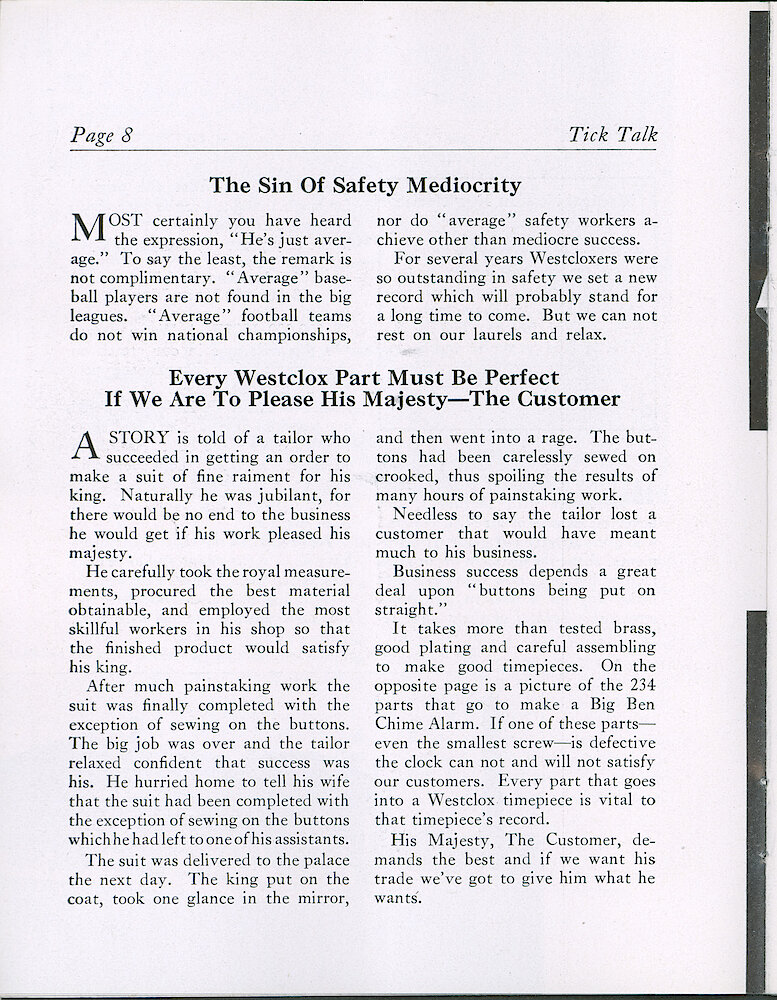 Westclox Tick Talk, June 1941 (Factory Edition), Vol. 26 No. 5 > 8. Manufacturing: "Every Westclox Part Must Be Perfect If We Are To Please His Majesty—The Customer" The Picture On Page 9 Shows The 234 Parts That Go Into A Big Ben Chime Alarm.