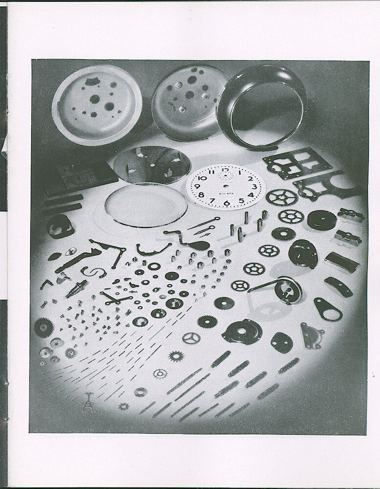 Westclox Tick Talk, June 1941 (Factory Edition), Vol. 26 No. 5 > 9. Manufacturing: The 234 Parts That Go Into A Big Ben Chime Alarm. See Page 8 For Caption.