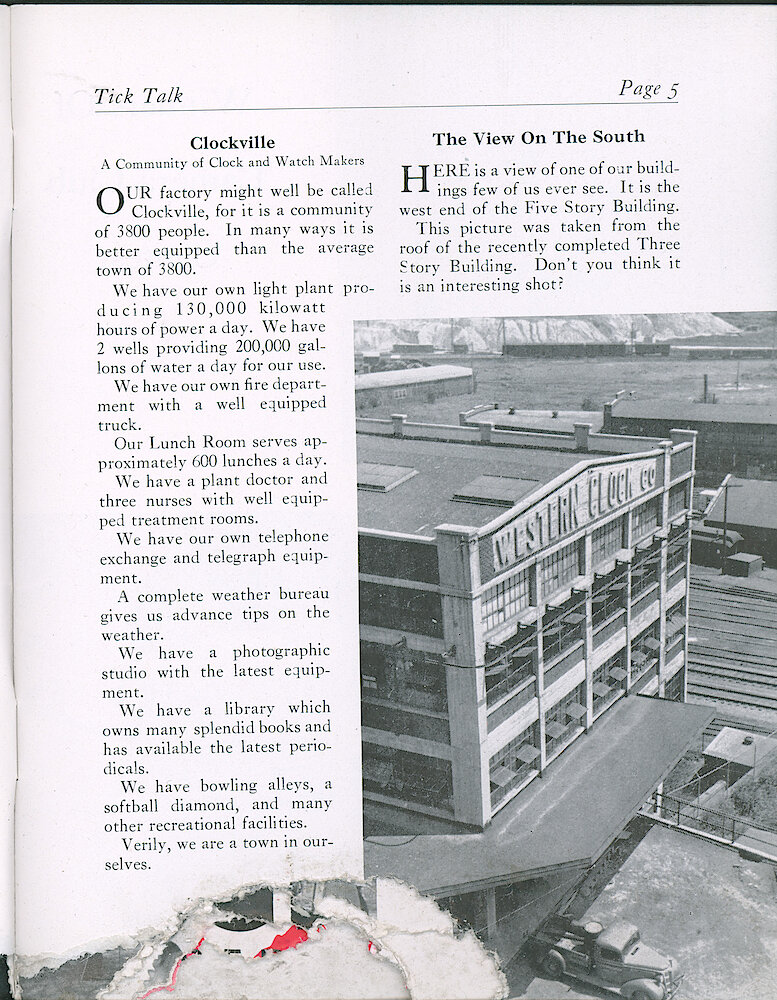 Westclox Tick Talk, July 1941 (Factory Edition), Vol. 26 No. 6 > 5. FACTORY: "Clockville" Our Factory Might Well Be Called Clockville, For It Is A Community Of 3800 People. In Many Ways, It Is Better Equipped Than The Average Town Of 3800. FACTORY: View Of The West End Of The Five Story Building, Taken From The Roof Of The Recently Completed Three ... 