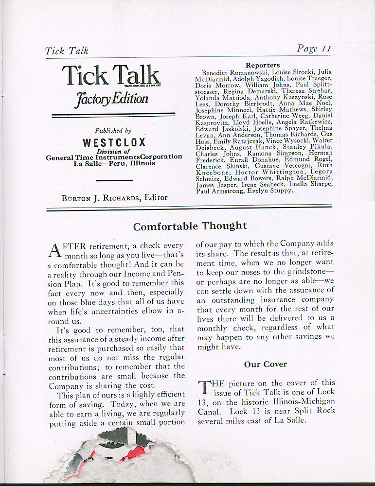 Westclox Tick Talk, July 1941 (Factory Edition), Vol. 26 No. 6 > 11. Cover Caption: Lock 13 On The Historic Illinois-Michigan Canal.