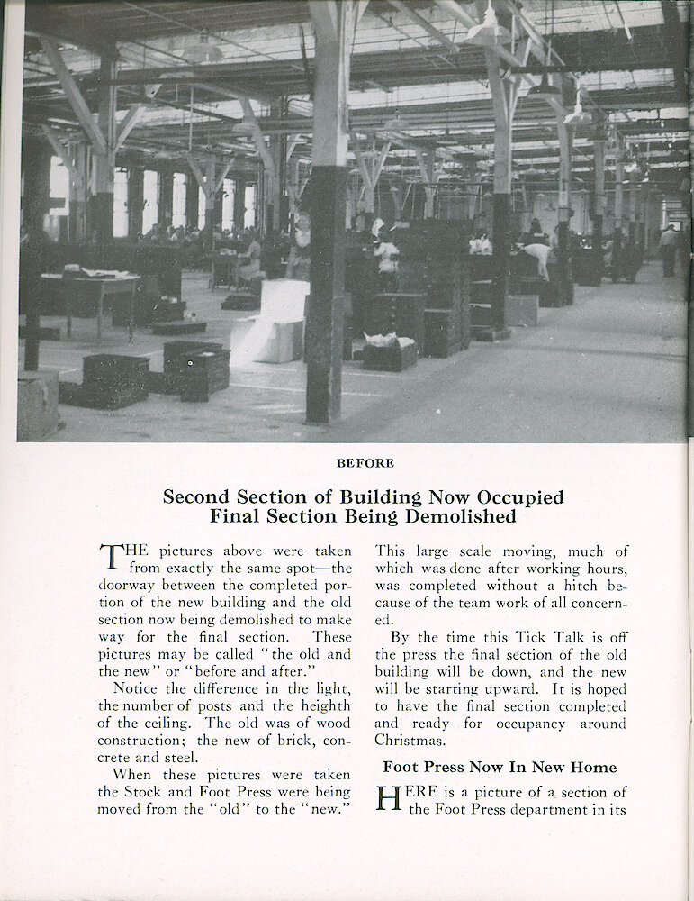 Westclox Tick Talk, September 1941 (Factory Edition), Vol. 26 No. 8 > 4. FACTORY: "Second Section Of Building Now Occupied, Final Section Being Demolished". "Before" Picture. FACTORY: "Foot Press Now In New Home".