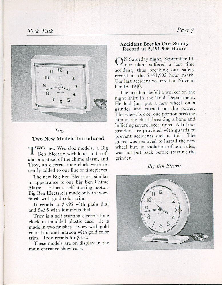 Westclox Tick Talk, September 1941 (Factory Edition), Vol. 26 No. 8 > 7. New Models: Big Ben Electric (Style 5) (has Loud-soft Alarm Switch, Not Chime Alarm), Ivory Only, $3.95 Plain, $4.95 Luminous; Troy Electric, Ivory/gold And Maroon/gold, $3.50.