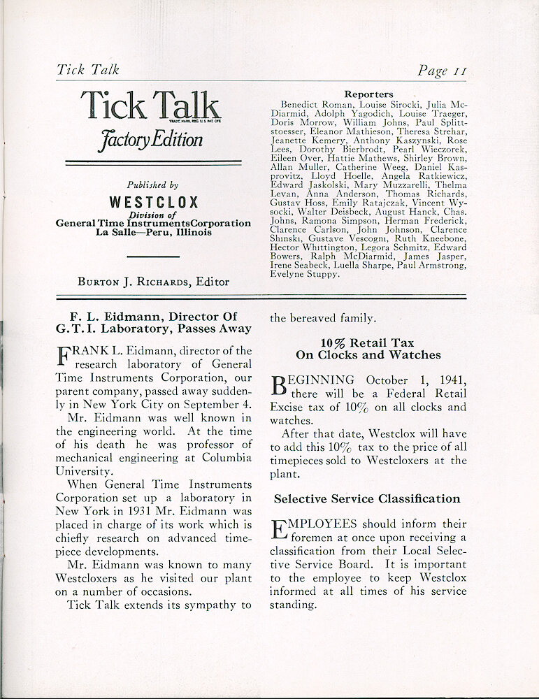 Westclox Tick Talk, September 1941 (Factory Edition), Vol. 26 No. 8 > 11. Marketing: "10 Retail Tax On Clocks And Watches" Federal Retail Excise Tax Starting October 1, 1941.