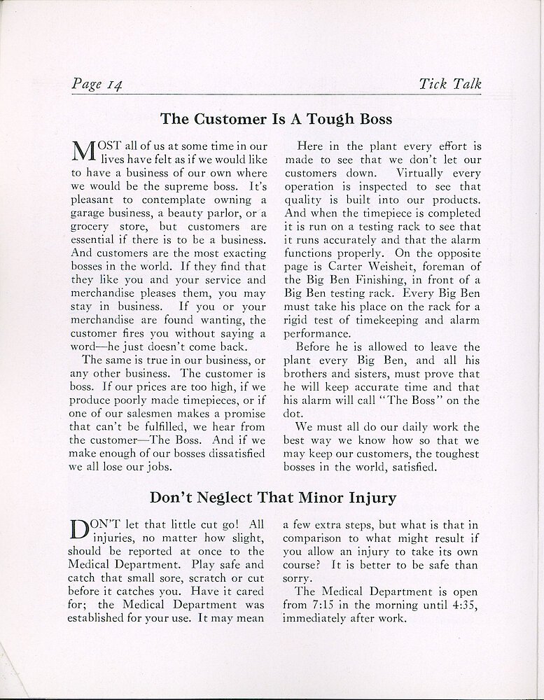 Westclox Tick Talk, October 1941 (Factory Edition), Vol. 26 No. 9 > 14. Manufacturing: "The Customer Is A Tough Boss" Here In The Plant Every Effort Is Made To See That We Don&039;t Let Our Customers Down. On Page 15 Is Carter Weisheit, Foreman Of The Big Ben Finishing, In Front Of A Big Ben Testing Rack. Every Big Ben Must Take His Place On The ... 