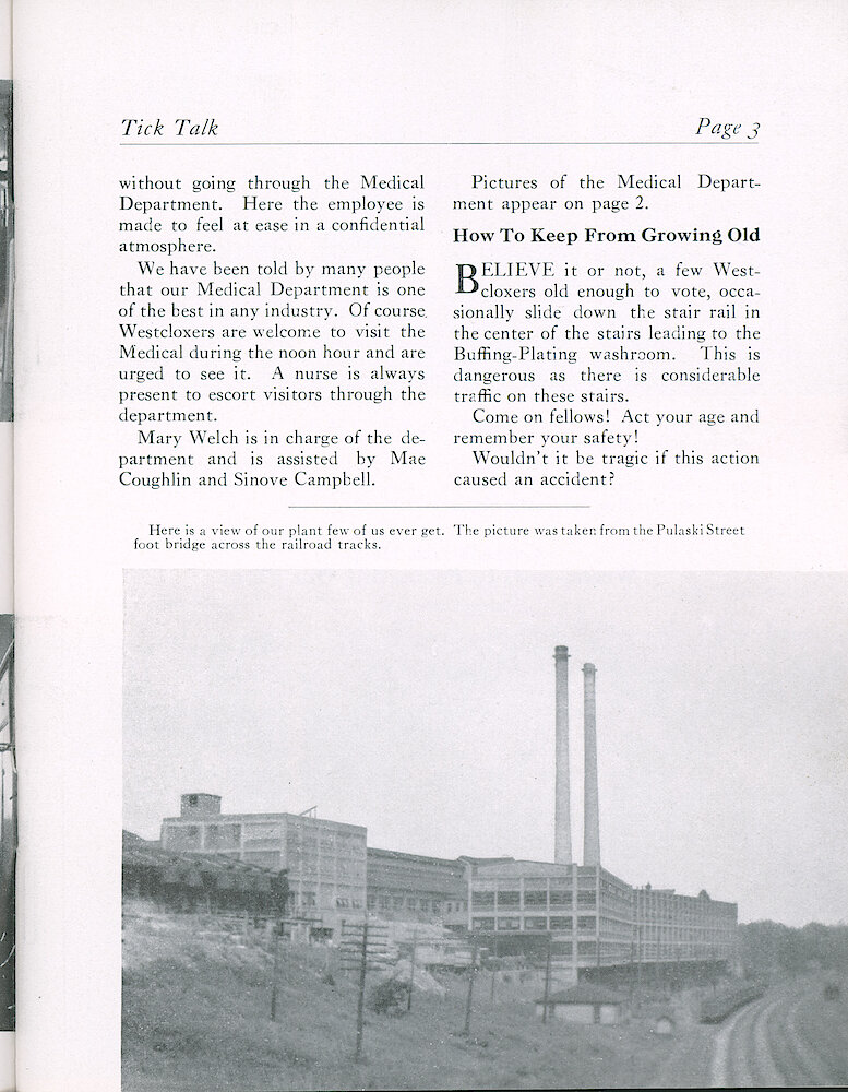 Westclox Tick Talk, November 1941 (Factory Edition), Vol. 26 No. 10 > 3. Factory: View Of Our Plant From The Pulaski Street Foot Bridge Across The Railroad Tracks.