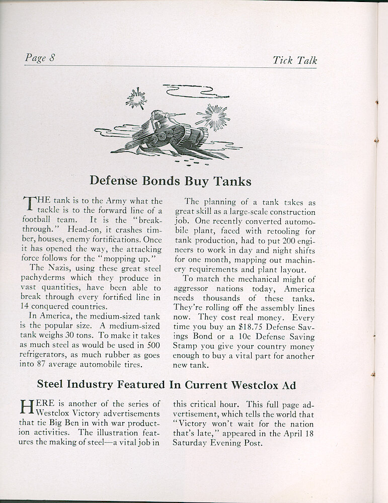 Westclox Tick Talk, April 1942 (Factory Edition), Vol. 27 No. 4 > 8. Advertising Caption: "Steel Industry Featured In Current Westclox Ad" Victory Won&039;t Wait For The Nation That&039;s Late. Ad On Page 9.