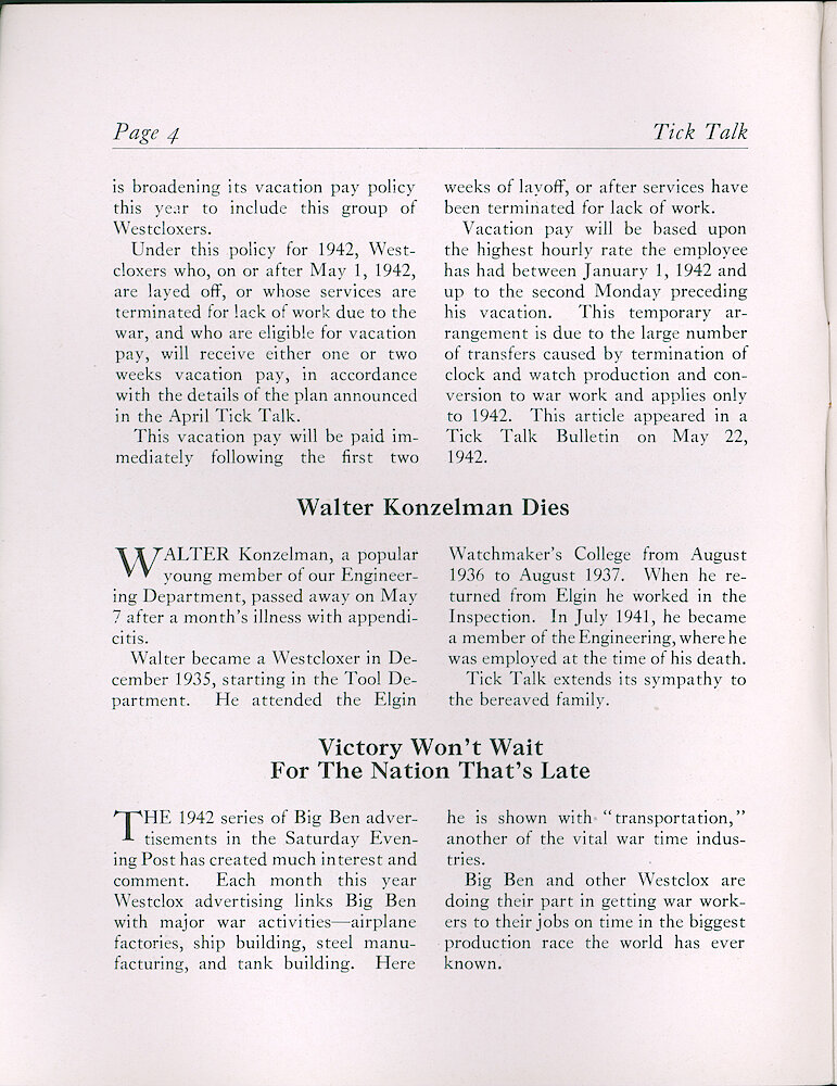 Westclox Tick Talk, May 1942 (Factory Edition), Vol. 27 No. 5 > 4. Advertising Caption: "Victory Won&039;t Wait For The Nation That&039;s Late" Ad Is On Page 5.