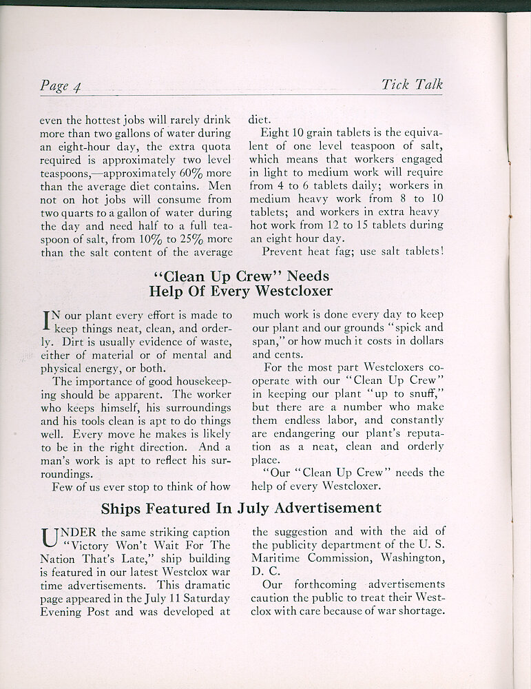 Westclox Tick Talk, July 1942, Vol. 27 No. 7 > 4. Advertisement Caption: "Ships Featured In Our July Avertisement" The Ad On Page 5 Appears In July 11 Saturday Evening Post.