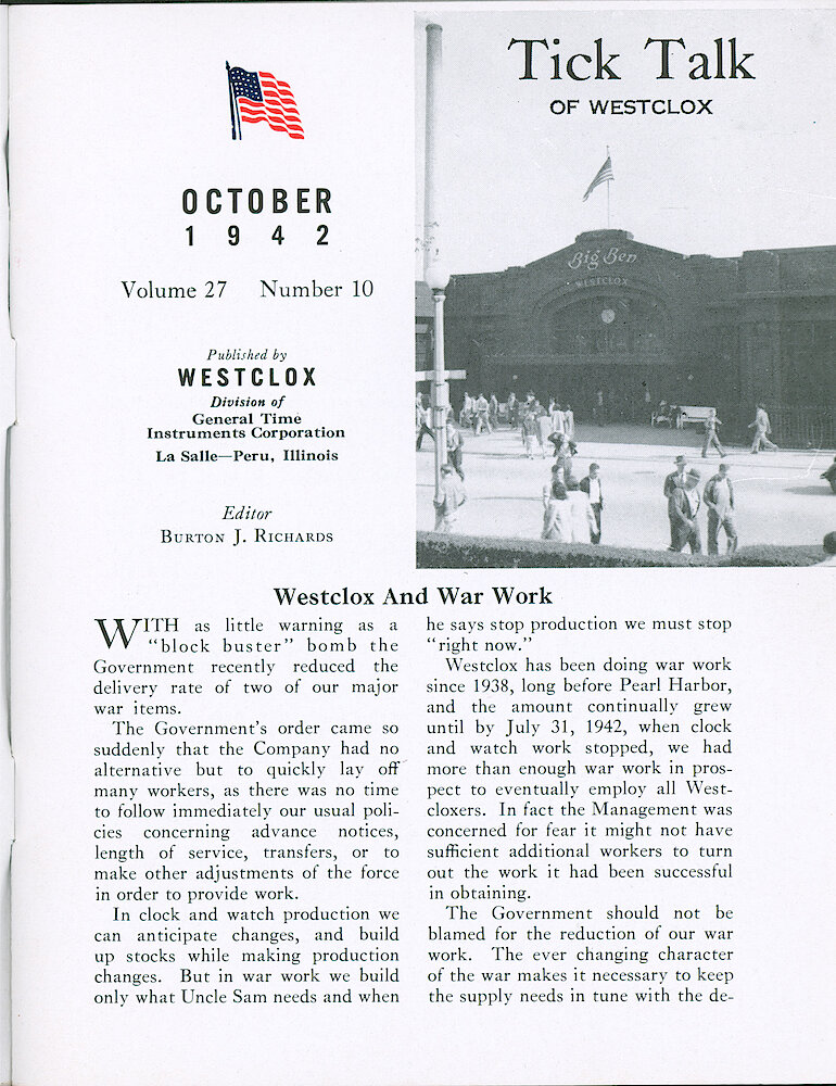 Westclox Tick Talk, November 1942, Vol. 27 No. 11 (mislabeled - page one says October 1942, no date on cover) > 1. Manufacturing: "Westclox And War Work"