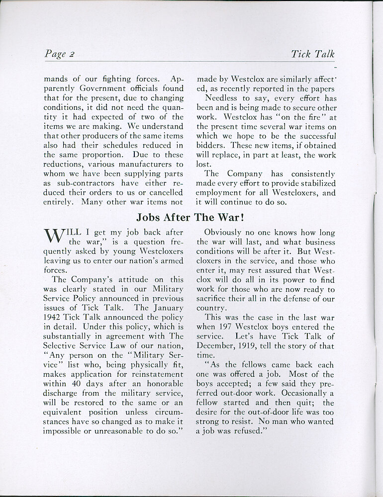 Westclox Tick Talk, November 1942, Vol. 27 No. 11 (mislabeled - page one says October 1942, no date on cover) > 2. Manufacturing: "Westclox And War Work"