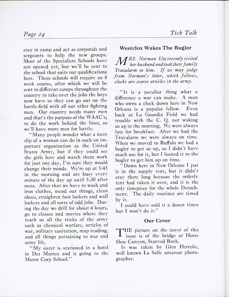 Westclox Tick Talk, November 1942, Vol. 27 No. 11 (mislabeled - page one says October 1942, no date on cover) > 24. Cover Caption: Bridge At Horse Shoe Canyon, Starved Rock, By Glen Herrcke, Well-known La Salle Amateur Photographer.