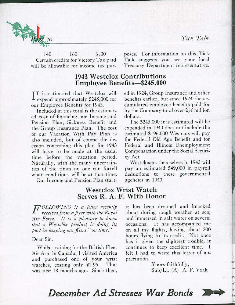 Westclox Tick Talk, December 1942, Vol. 27 No. 12 > 30. Advertisement Caption: "December Ad Stresses War Bonds" (ad On Page 31)