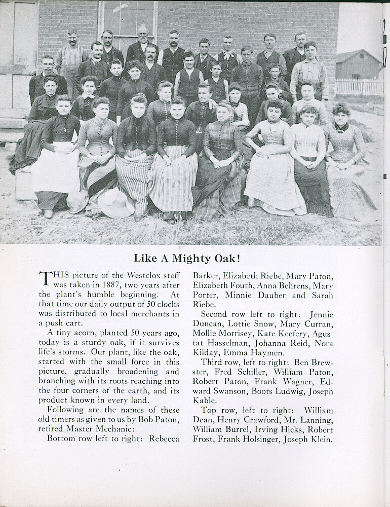 Westclox Tick Talk, February 1943, Vol. 28 No. 2 > 6. Historical Picture: The Westclox Staff In 1887. Everybody Is Named.