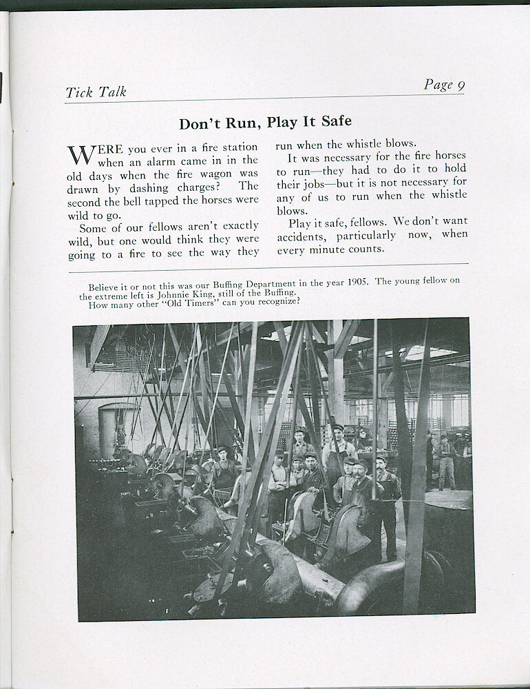 Westclox Tick Talk, July 1943, Vol 28, No. 7 > 9. Historical Picture: Westclox Buffing Department In 1905. Johnnie King, Still Of Buffing, Is Pointed Out.