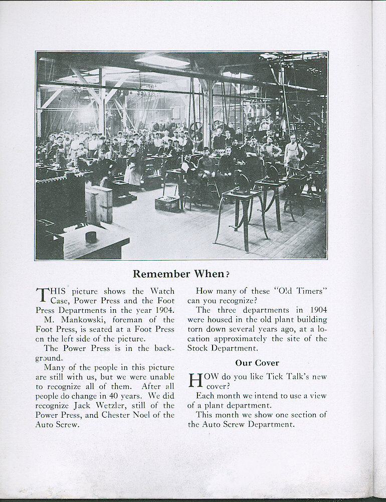 Westclox Tick Talk, August 1943, Vol. 28, No. 8 > 14. Picture Caption: : How Do You  Like Tick Talk&039;s New  Cover Each Month We Intend To Use A View Of A Plant Department. This Month We Show One Section Of The Auto Screw Department.