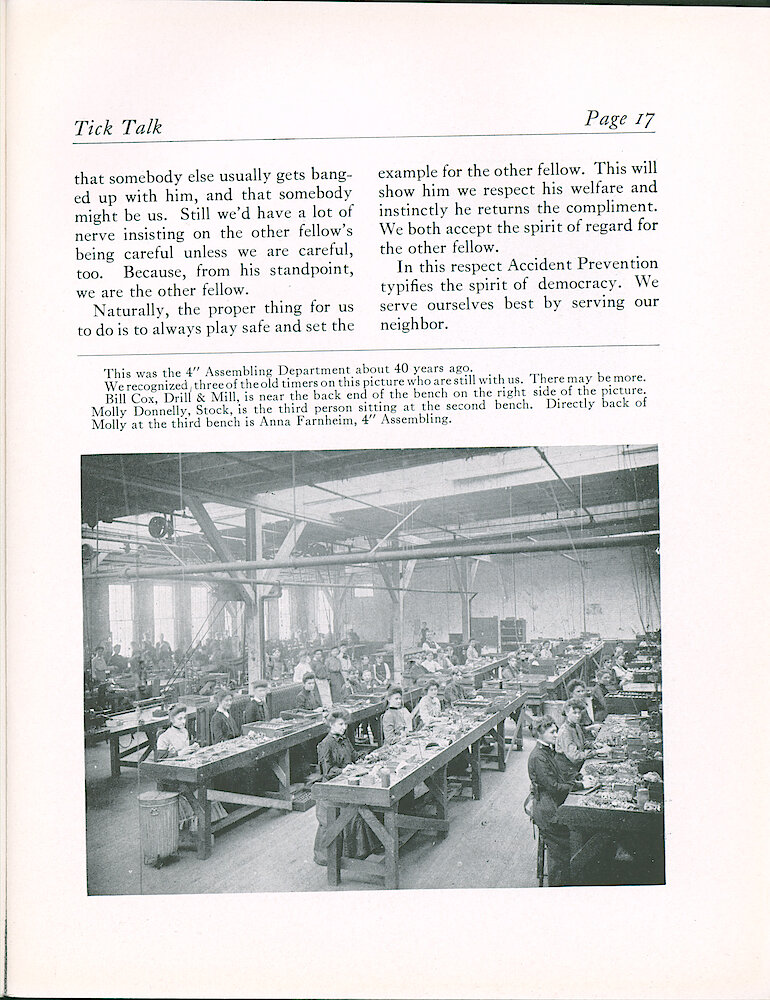 Westclox Tick Talk, September 1943, Vol. 28 No. 9 > 17. Historical Picture: The 4 Inch Assembling Department About 40 Years Ago (ca. 1903). Several Workers Named.