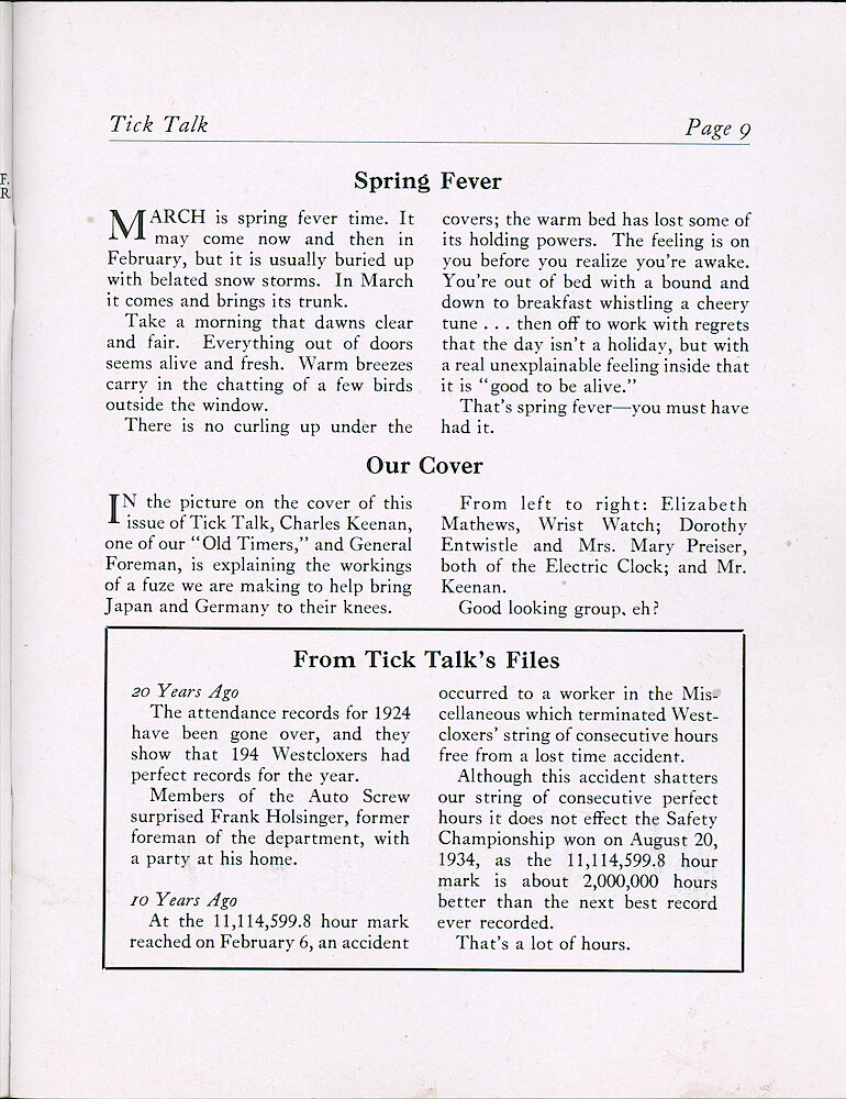 Westclox Tick Talk, March 1945, Vol. 30 No. 3 > 9. Cover Caption: Charles Keenan Explains The Workings Of A Fuze To Elizabeth Matthews, Dorothy Entwhistle And Mrs. Mary Preiser.