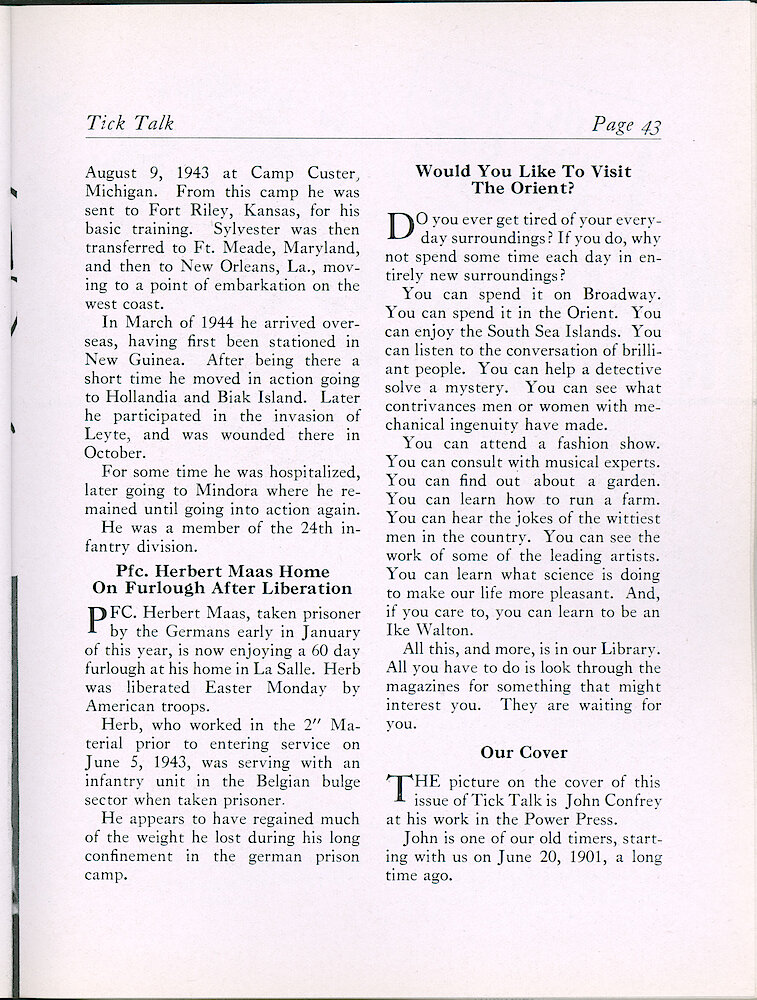 Westclox Tick Talk, May 1945, Vol. 30 No. 5 > 43. Cover Caption: John Confrey At Work In Power Press.