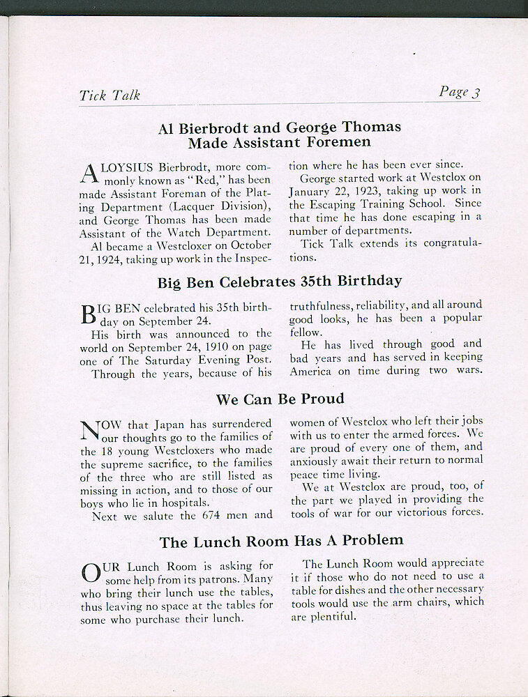 Westclox Tick Talk, September 1945, Vol. 30 No. 9 > 3. Historical Article: "Big Ben Celebrates 35th Birthday.