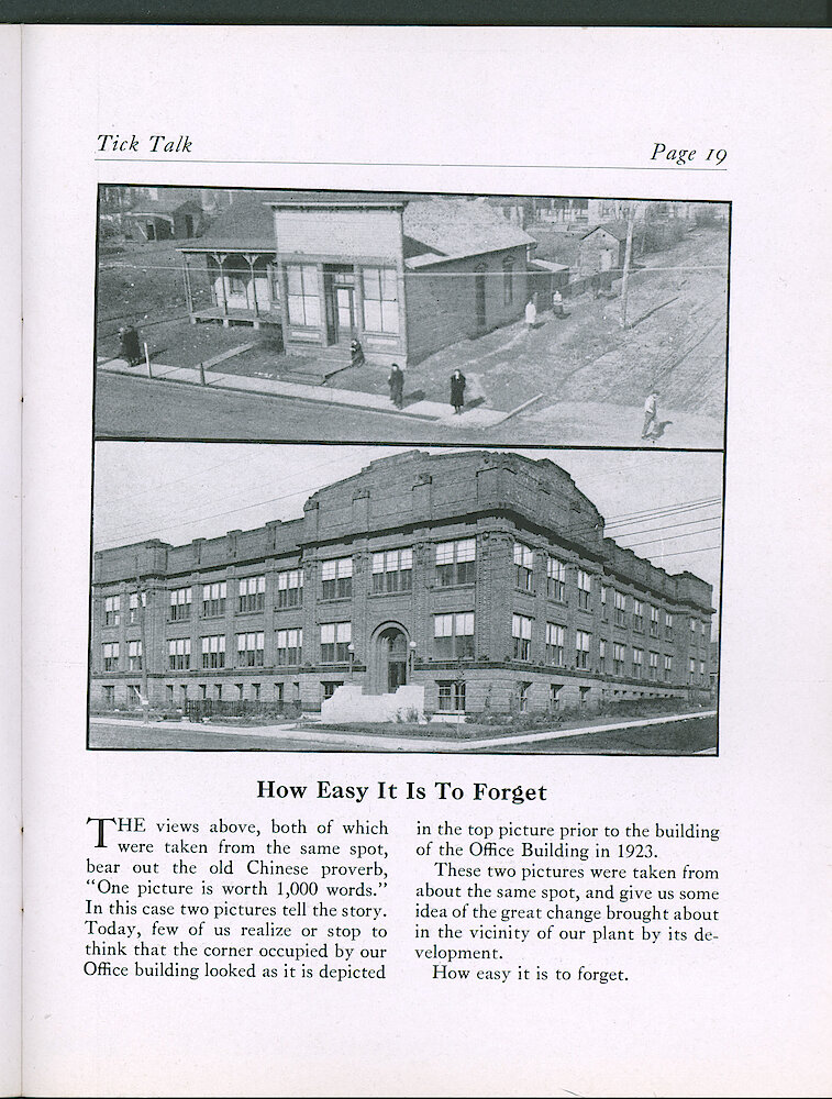 Westclox Tick Talk, September 1945, Vol. 30 No. 9 > 19. Historical Picture: The New Office Across The Street, And The Building That It Replaced.