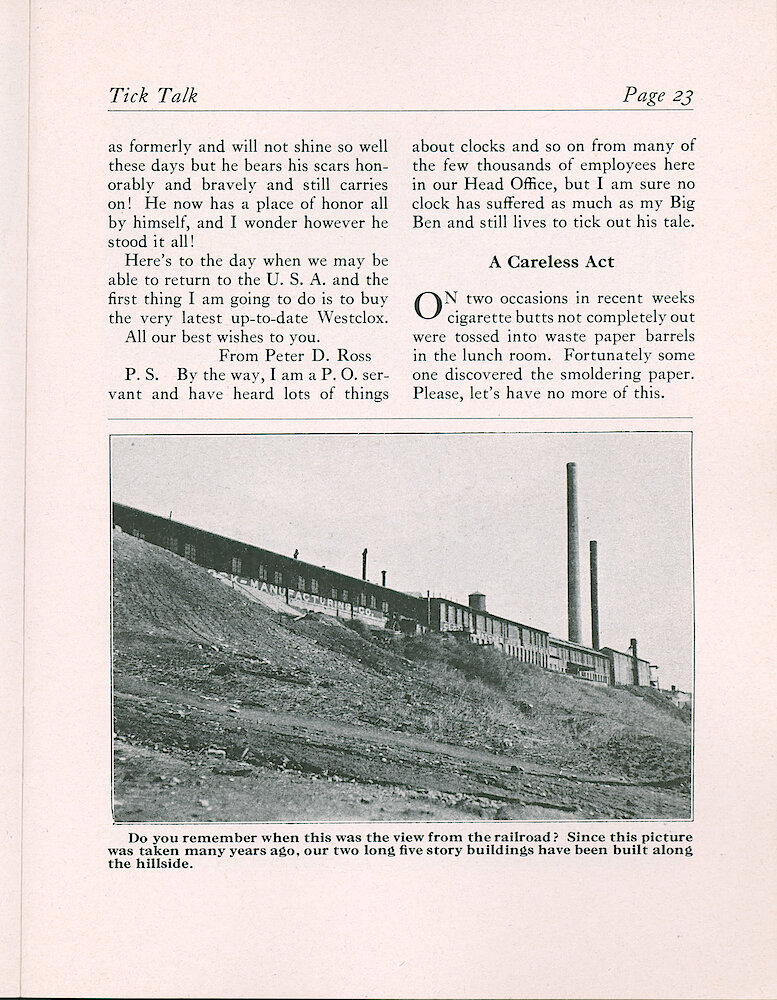 Westclox Tick Talk, March 1946, Vol. 31 No. 3 > 23. Historical Picture: View From The Railroad Before The Two Long Five Story Buildings Were Built.