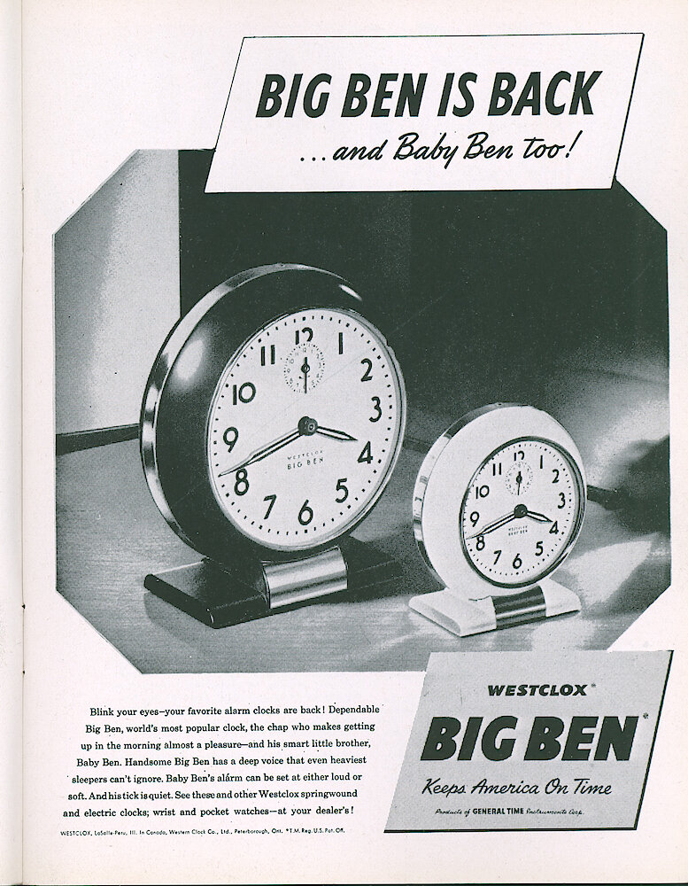 Westclox Tick Talk, April 1946, Vol. 31 No. 4 > 15. Advertisement: "Big Ben Is Back . . . And Baby Ben Too